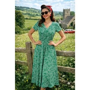 Jigsaw A-Line Midi Dress UK10 US6 Kelly GREEN Floral Retro Pinup Rockabilly